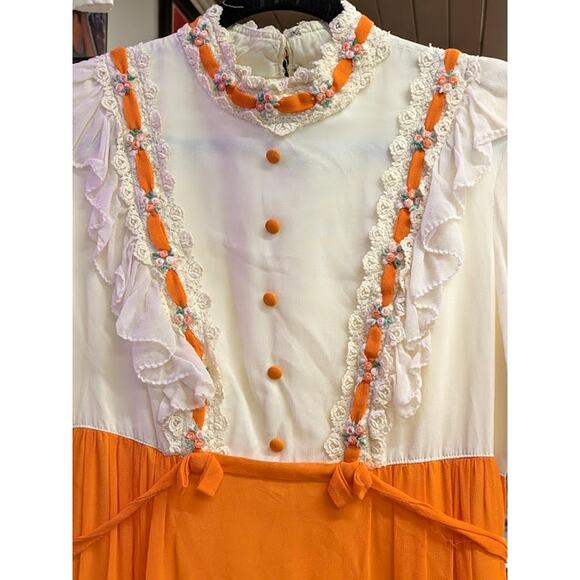 1960s Mod Orange and White Chiffon Maxi Dress - Picture 4 of 7